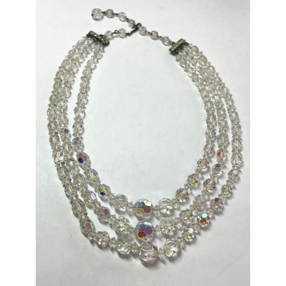 Vintage Three Strand Crystal Beaded Necklace
